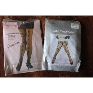 Vtg 2 Serena Fashion Pantyhose Queen Plus Size Back Bow Design White and Black